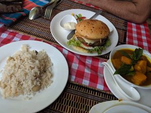 Vegetarian burger and pumpkin curry at The Moon - Old Bagan in Bagan