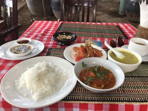 Set Menu - Rice, Lentil Soup, Tomato Tofu Curry, Tomato Salad.  at The Moon - Old Bagan in Bagan