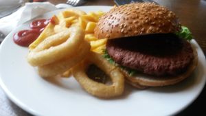 Moving mountain burger, chips and onion rings  at The New Crown in South Shields