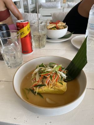 Pan seared silken tofu and vegan green curry at the back.  at Whitening in Koh Tao