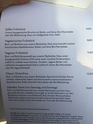 menu with vegan breakfast options  at Isabella Glutenfree Pâtisserie - Calwerstr in Stuttgart
