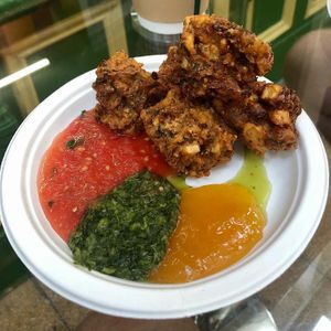 Pakora with a selection of chutneys   at Snackwallah in Newcastle Upon Tyne