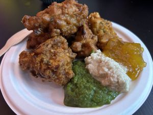 Pakora with pickles   at Snackwallah in Newcastle Upon Tyne
