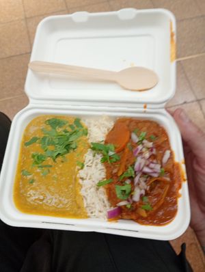 Curry of the day - left mild, right hotter and rice below. at Snackwallah in Newcastle Upon Tyne