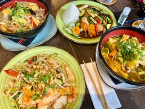 Soups (one of the spicier soups I've had in DE and a lemongrass soup as well), udon stir-fry with vegan shrimp; saucy mushroom-stuffed tofu dish at Chay Viet Tadilen Restaurant in Wurzburg