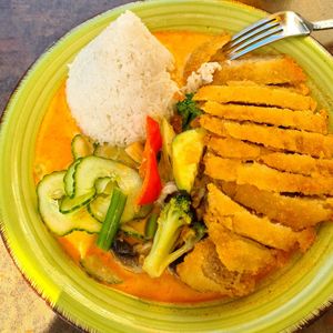 Vegan chicken with rice at Chay Viet Tadilen Restaurant in Wurzburg