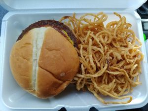 Impossible burger, no cheese, no mayo and tumbleweeds aka weeds (they are essentially Frenchies) at Chef Toddzilla in Roswell