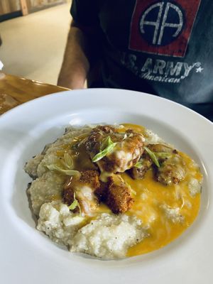 “Shrimp” & grits…just the way hubby remembered pre plants.   at Binge Kitchen in San Antonio
