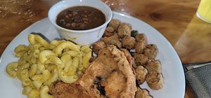 Baked beans, Mac n cheez, fried okra and fried mushrooms at Binge Kitchen in San Antonio