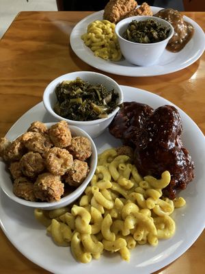 Fried okra, Mac and cheese, greens, BBQ chicken   at Binge Kitchen in San Antonio
