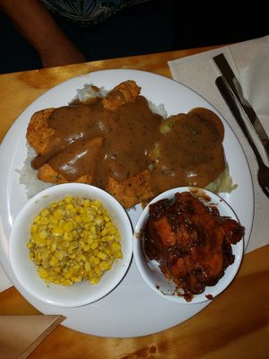 Deep South with candied yams, mashed potatoes and fried corn at Binge Kitchen in San Antonio