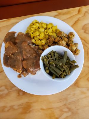 Deep South with mac and cheese and fried okra at Binge Kitchen in San Antonio