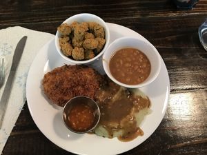 Coconut Crusted, fried okra, baked beans at Binge Kitchen in San Antonio
