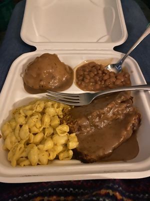 Mashed Taters and Gravy, Baked Beans, Mac n Cheez, and Meatless Loaf 😍 at Binge Kitchen in San Antonio