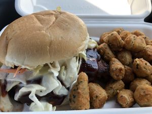 Chopped BBQ and fried okra! 😍😍😍 at Binge Kitchen in San Antonio
