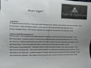 Vegan menu at Taste of Himalayas in St Charles