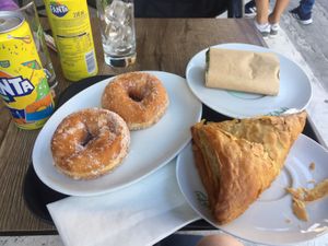 Falafel wrap, spinach pasty and sugar ring dohnuts, all vegan and delicious! at Gregores in Sparta