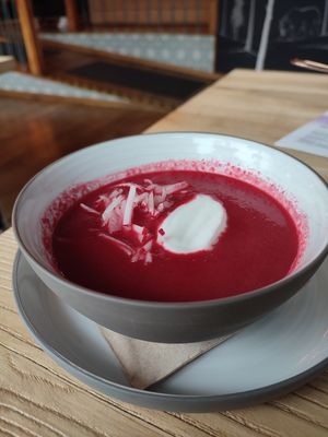 Beetroot cream soup with radish and coconut milk ❤️ at Strh Cafe & Gallery in Zakopane