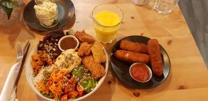 Buddha bowl (with added southern fried popcorn chick'n) and AMAZING mozzarella sticks on the side #Veganuary at The Sinful Vegan in Jersey