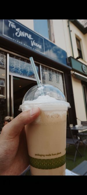 Vegan Biscoff shake with whipped cream and sustainable plant based packaging at The Sinful Vegan in Jersey