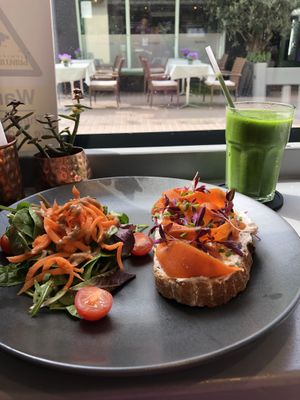 ‘Smoked no salmon’ on sough dough and green juice 😍  at The Sinful Vegan in Jersey