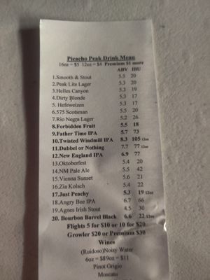 Beer list1/8/21 at Picacho Peak Brewing Company in Las Cruces