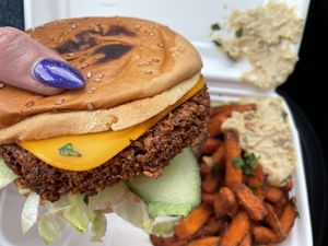 My burger and sweet fries   at Veggie Liebe in Freiburg