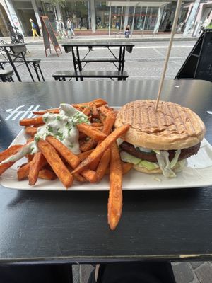 Seitan-Cheeseburger w/ sweet potato fries  at Veggie Liebe in Freiburg