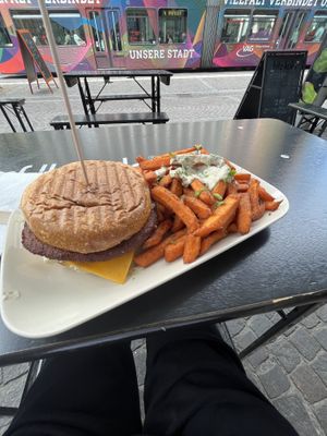 Seitan-Cheeseburger w/ sweet potato fries  at Veggie Liebe in Freiburg