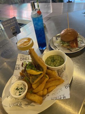 Vegan fish and chips and roast chicken burger at Unity Diner in East London