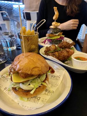 VFC and Fish Burger, chikken drumsticks and fries at Unity Diner in East London