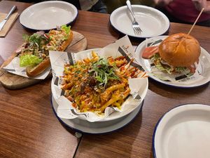 lobster roll , dirty loaded fries, and VFC burger at Unity Diner in East London