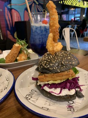 Tofish stack burger (tofish fillet, calamari & prawn)  at Unity Diner in East London