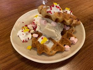 Waffles with ice cream  at Unity Diner in East London