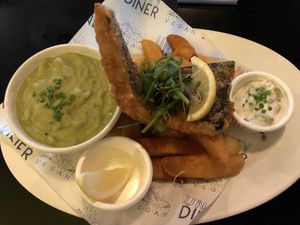 ToFish & Chips with mushy peas 👍🏻  at Unity Diner in East London