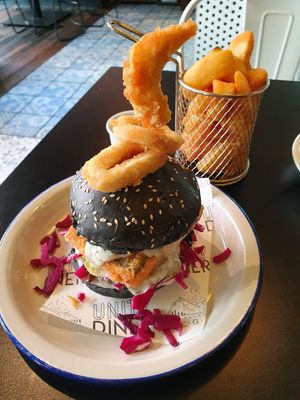Charcoal bun and yummy seafood at Unity Diner in East London