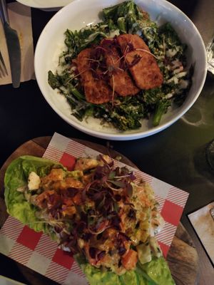 My favourite: omnipork with greens/ her favourite: the buttery 'lobster' roll at Unity Diner in East London