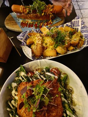 Below: steak and vegs. Middle: cheesy fries. Up: hotdog at Unity Diner in East London