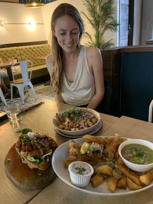 Lobster Roll, Dirty Fries, Fish n Chips  at Unity Diner in East London