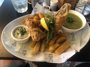 Closer ToFish & chips shot   at Unity Diner in East London