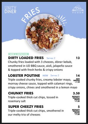 Menu - Fries  at Unity Diner in East London
