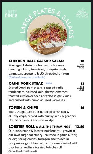 Menu - Large Plates  at Unity Diner in East London