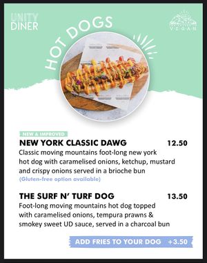 Menu - Hot Dogs  at Unity Diner in East London