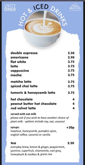 Menu - Hot and Iced Drinks  at Unity Diner in East London