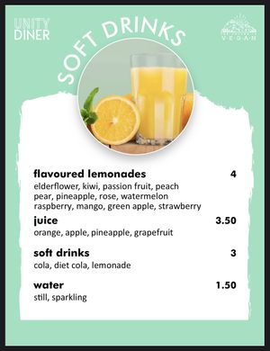 Menu - Soft Drinks  at Unity Diner in East London