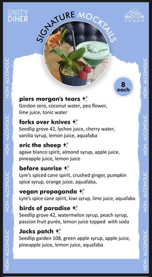 Menu - Mocktails  at Unity Diner in East London