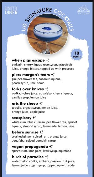 Menu - Cocktails  at Unity Diner in East London