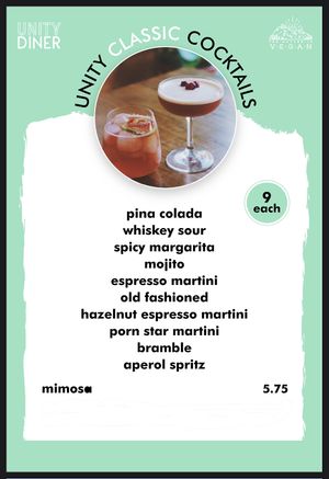 Menu - Classic Coxktails  at Unity Diner in East London