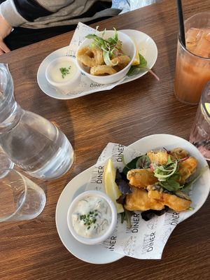 Appetizers : tofush bites and vegan calamari! Amazing recommend!  at Unity Diner in East London