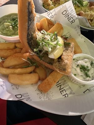 Fish and chips   at Unity Diner in East London